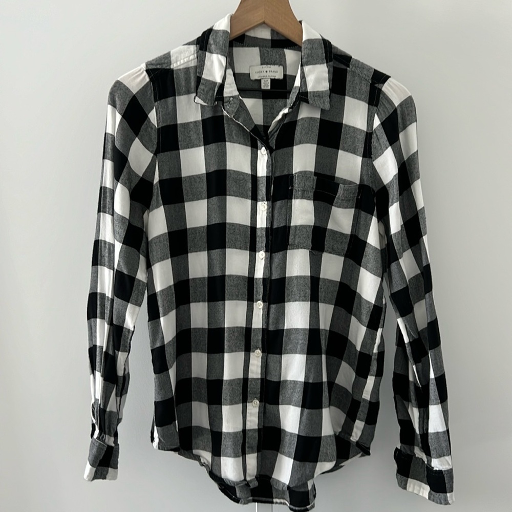 LUCKY BRAND plaid gingham flannel button down shirt black white small
